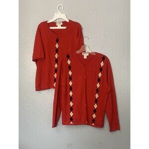 Vintage Pendleton Red Knit Cardigan & Sweater Set XL Argyle Red Silk/Cashmere